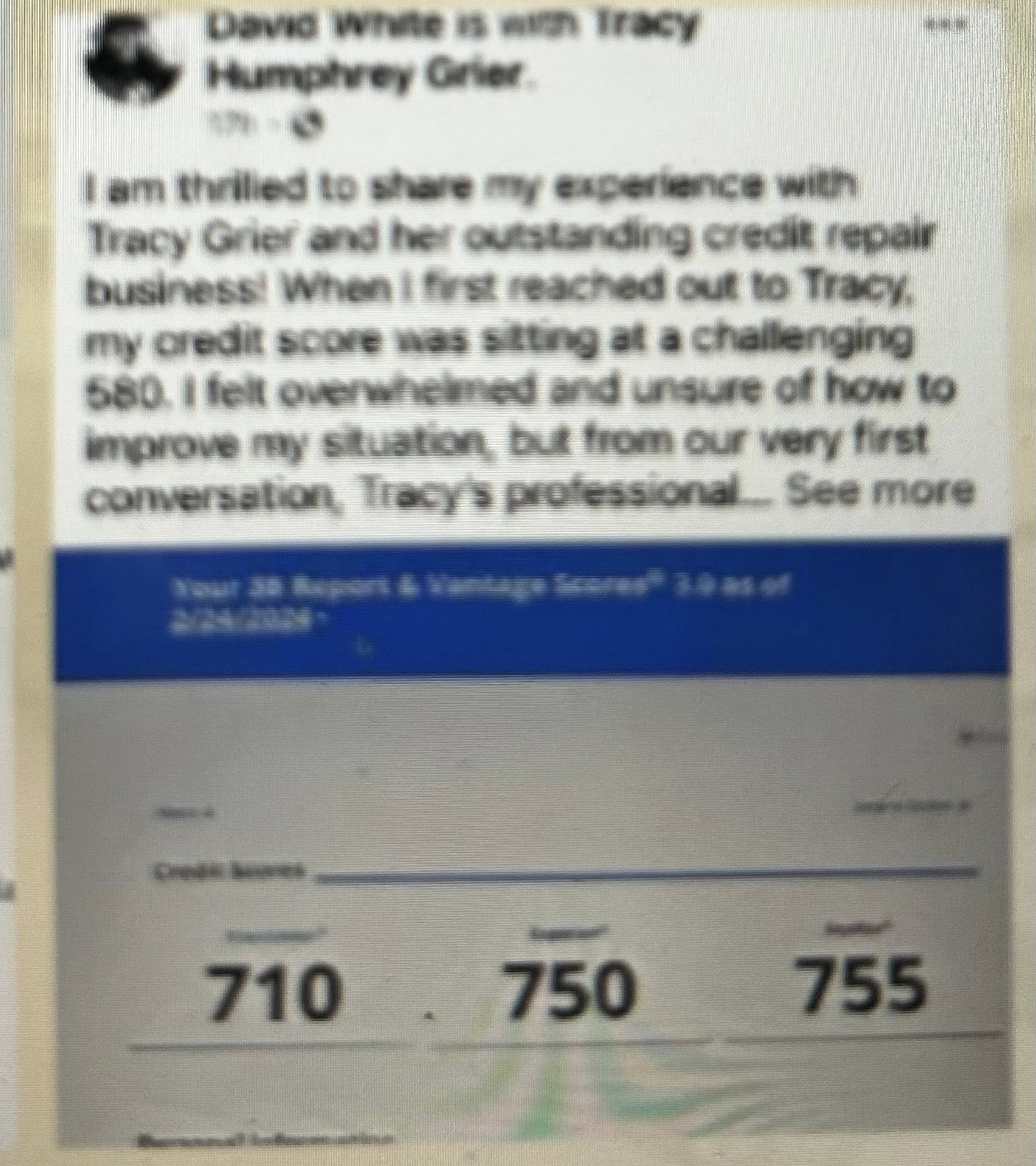 David’s shared testimonial begins with his starting score of 580 and describes feeling overwhelmed. The accompanying report shows scores of 710, 750, and 755. The original post’s full text is not visible in this screenshot.